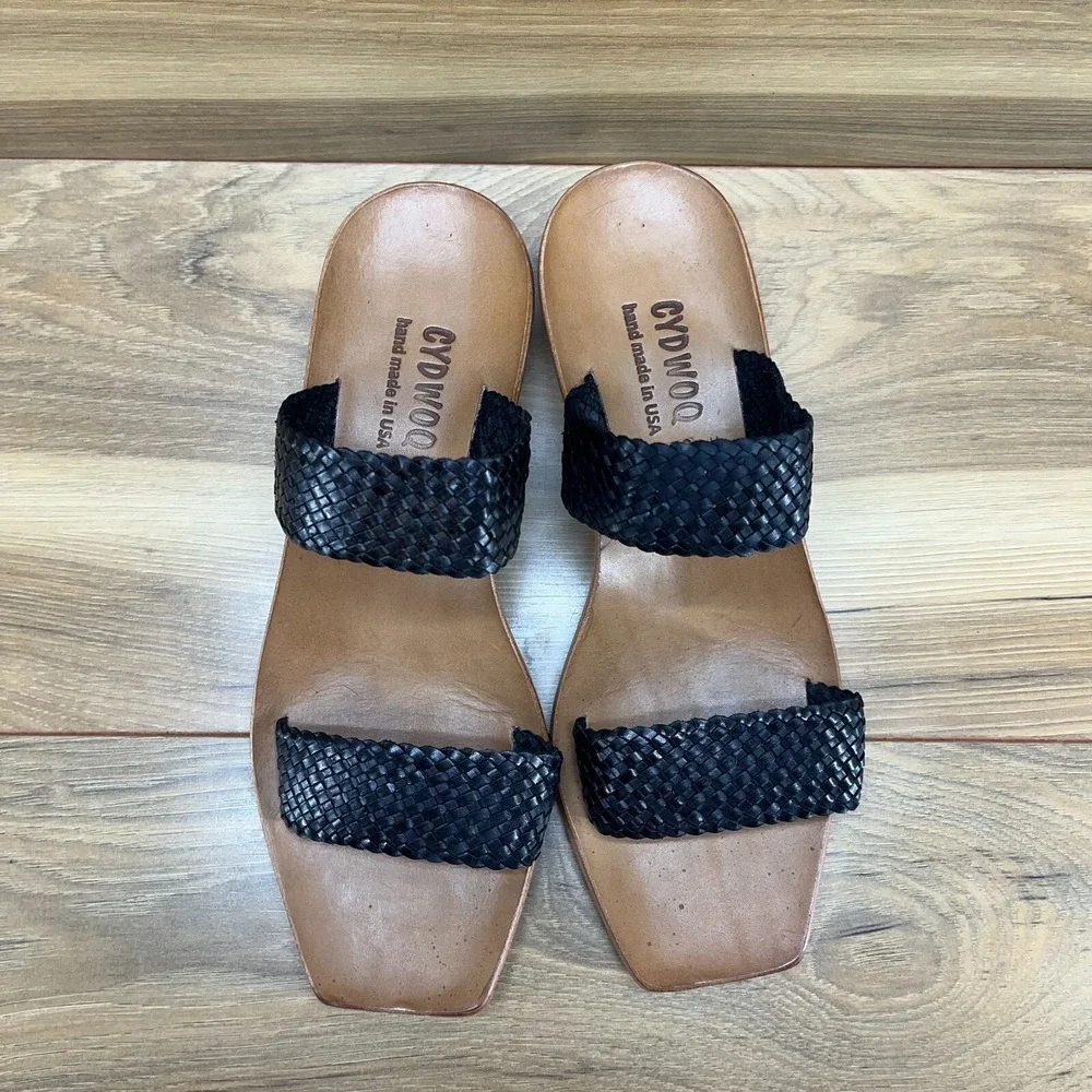 CYDWOQ‎ Womens Sandals Size 9 Black Woven Leather Low Heel Slide USA Made
